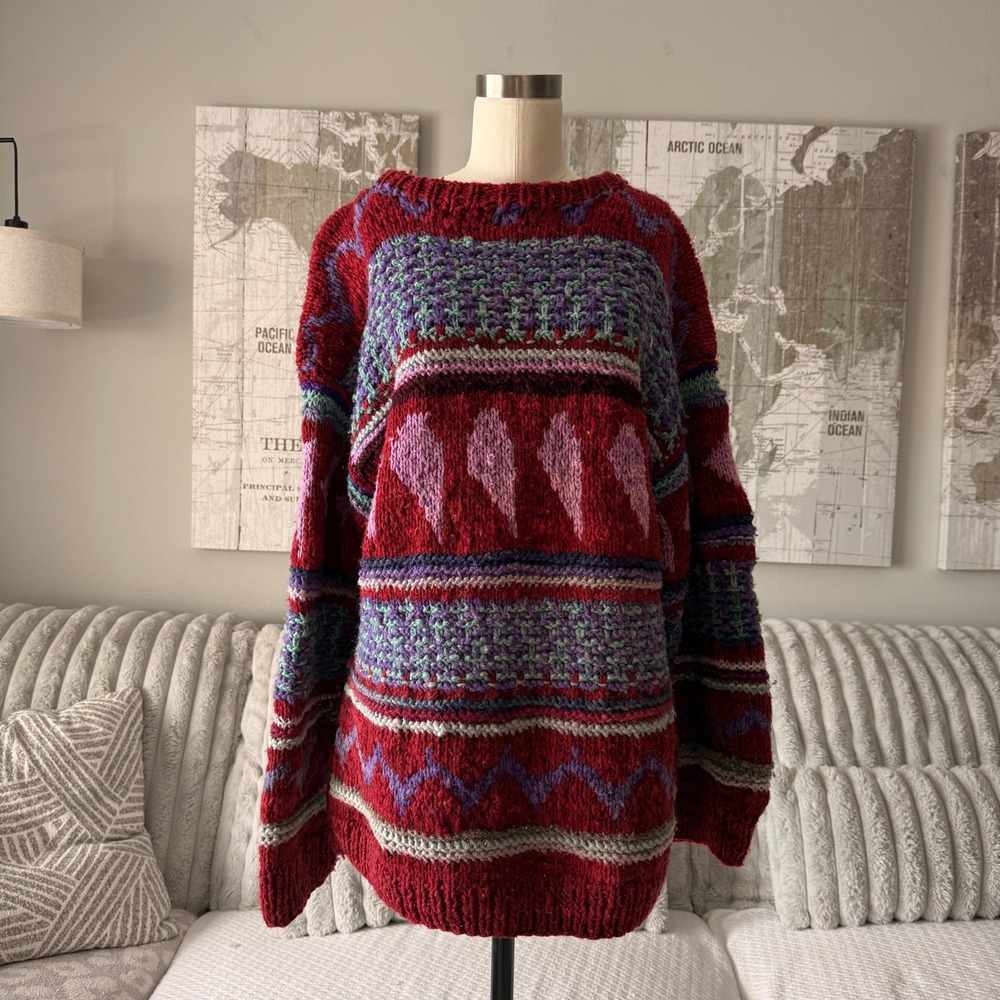 Tejidos Indigenas Ecuatorianos Handmade 100%‎ Wool Sweater Red Multi Geometric